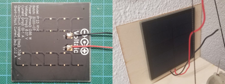A diptic showing the back of a solar cell and the solar cell glued to a wooden structure