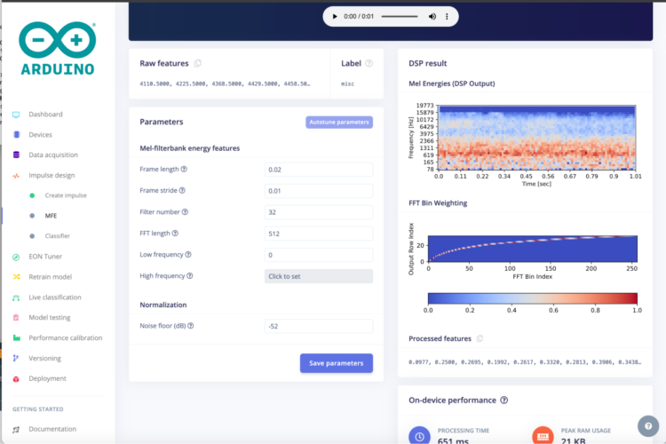Set parameters screen