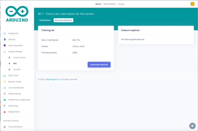 Generate Features screen