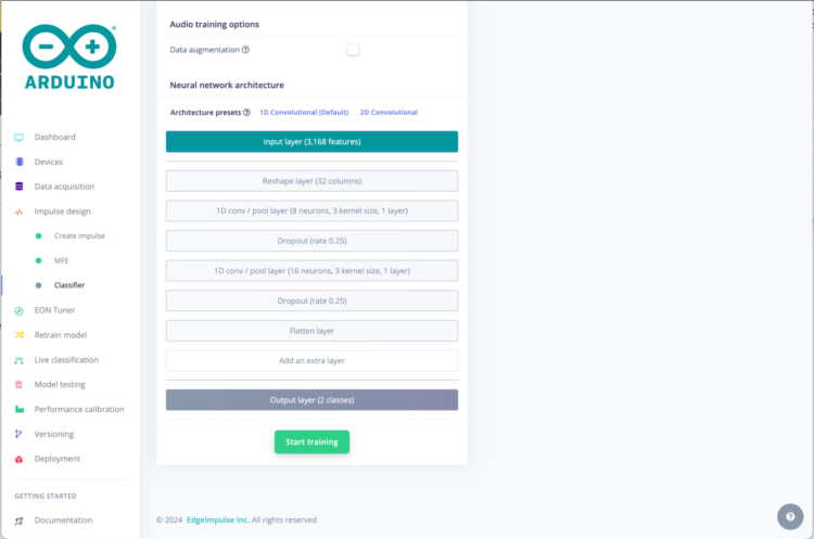 Start training screen